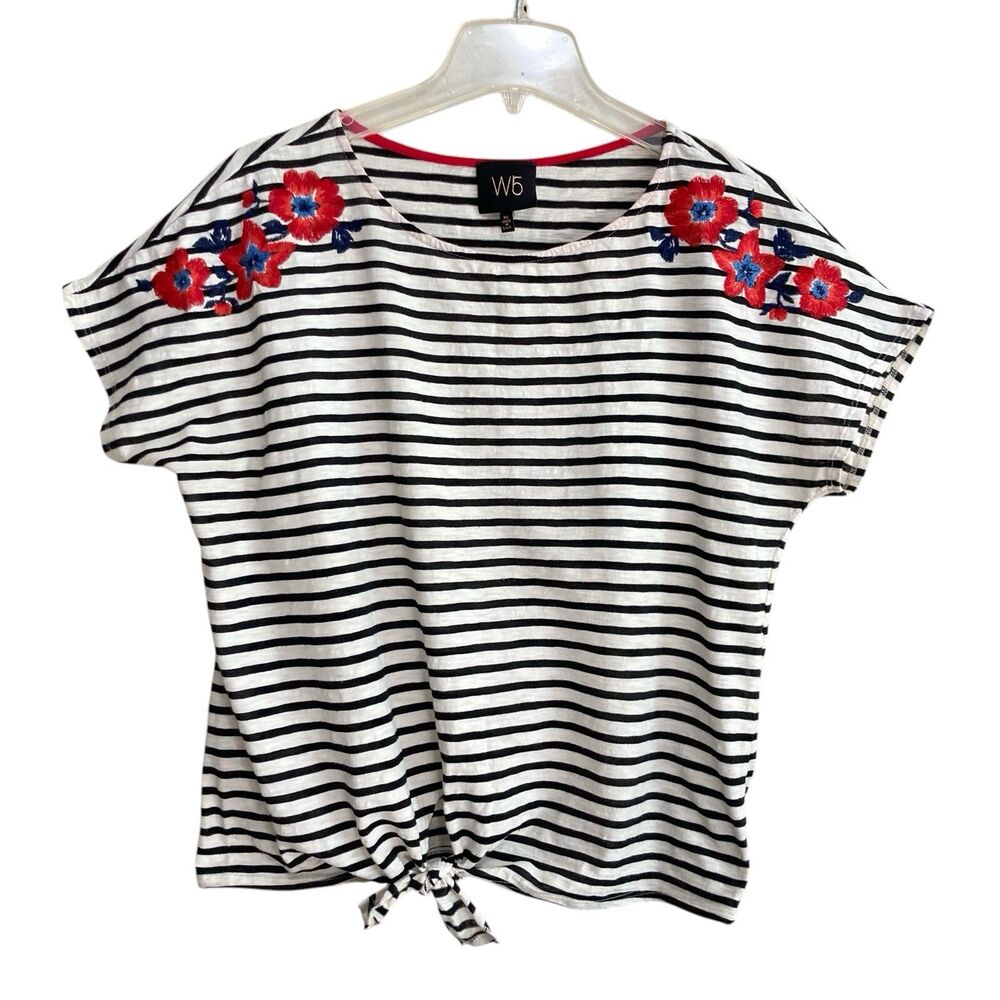 W5 T-Shirt Top Womens Size Lg White Black Striped Tie Front Floral Embroidered